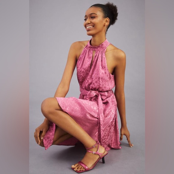 NWT Anthropologie Pink Leopard Halter Neck Mini Dress sz SMALL - Picture 2 of 11